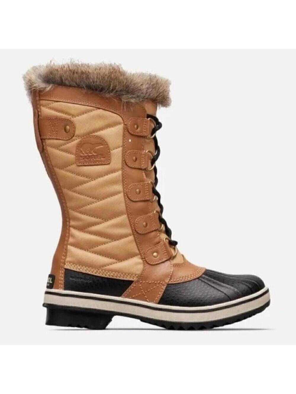 Sorel Womens 7.5 Winter Boots Waterproof Lace Up Tall Faux Fur Tan & Black NEW